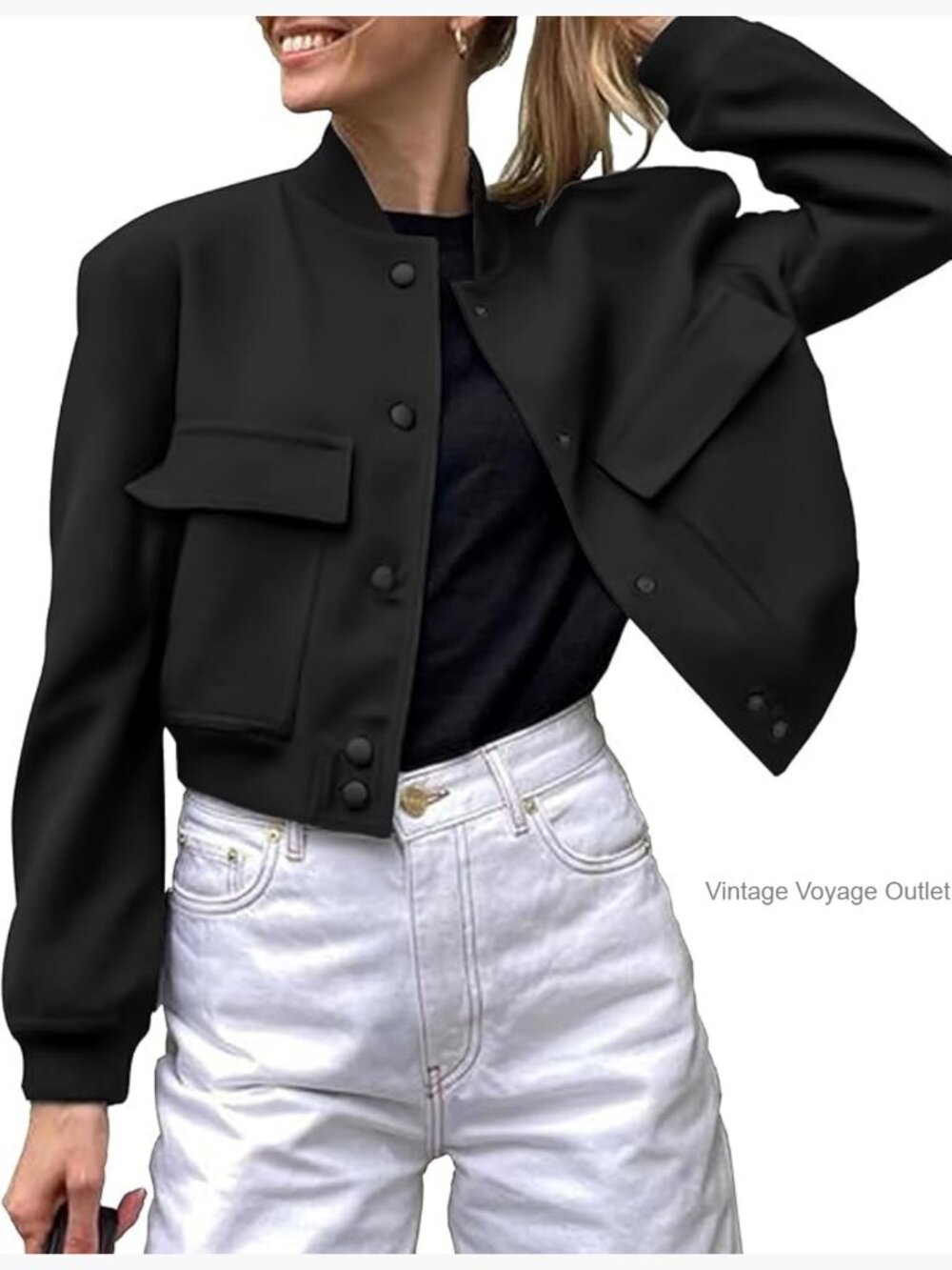 Women's Bomber Jacket Casual Button Down Varsity Shacket With Pockets